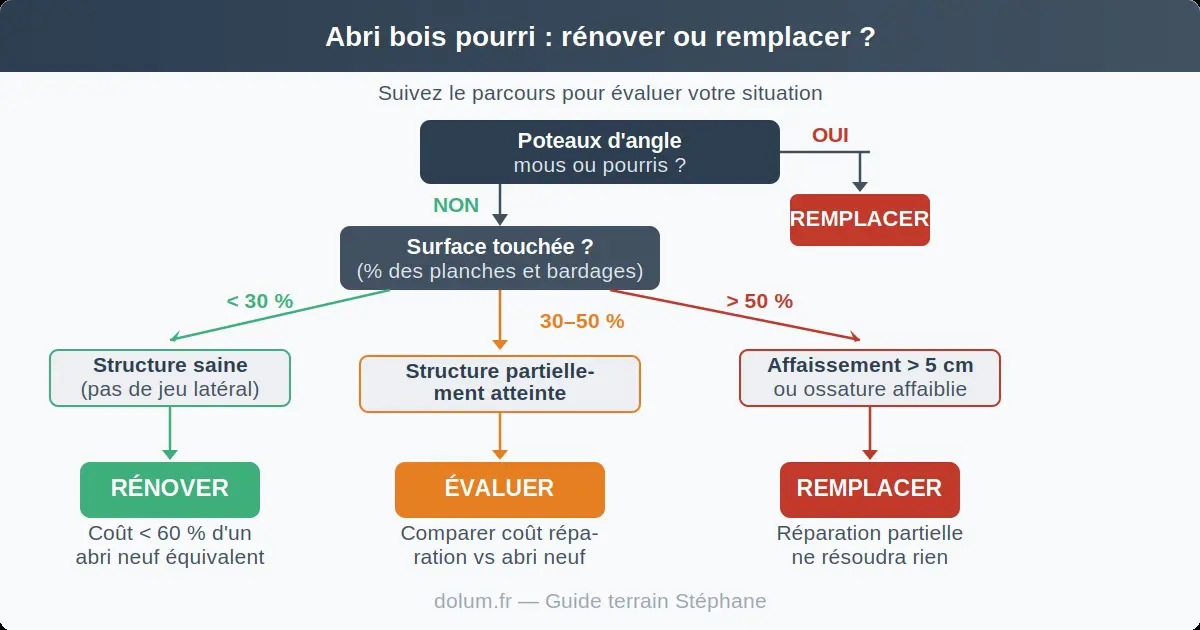 Arbre de décision pour évaluer si un abri de jardin en bois pourri doit être rénové ou remplacé, basé sur l'état des poteaux d'angle et le pourcentage de surface touchée
