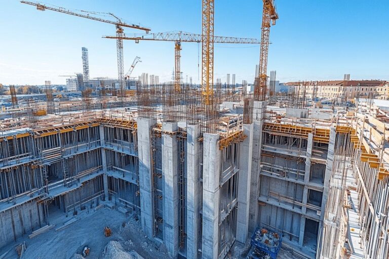 Vue d'un grand chantier avec grues et structures en béton