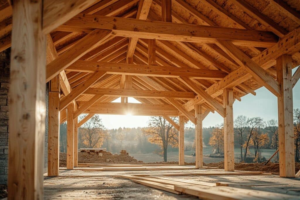 Structure en bois massive dans un paysage automnal