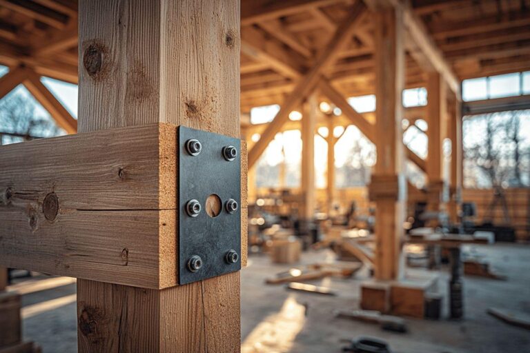 Poutre en bois avec plaque de jonction métallique dans un atelier