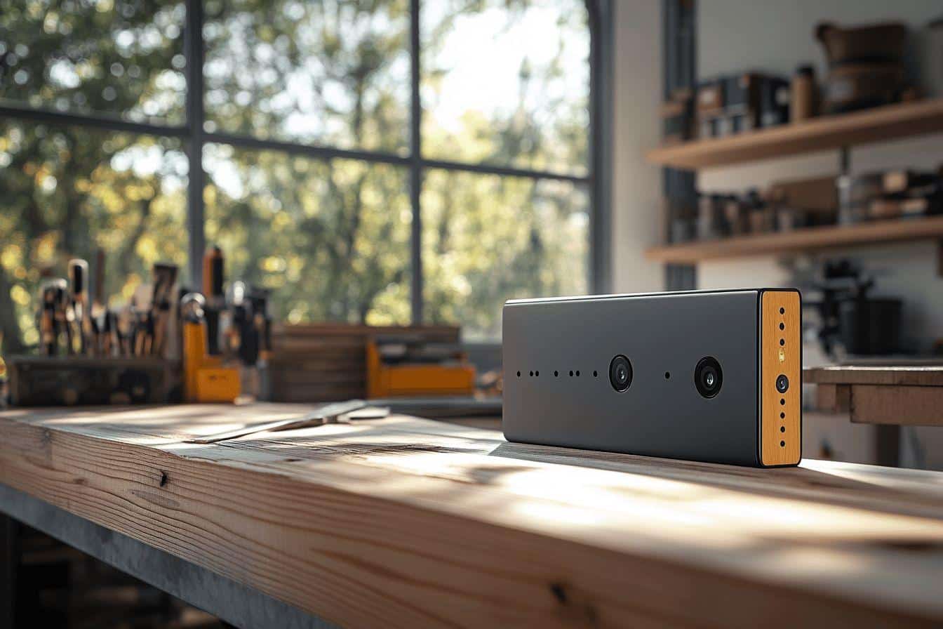 Enceinte grise et bois près d'outils sur un établi