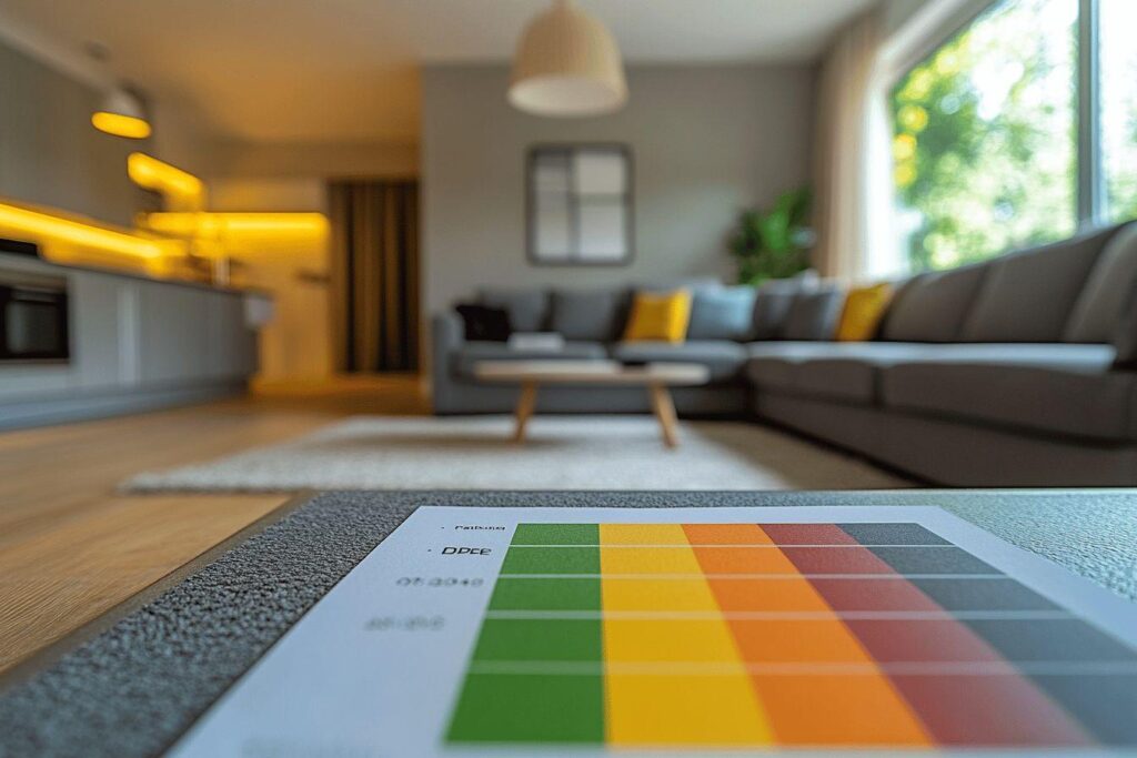 Palette de couleurs près d'un canapé gris et jaune