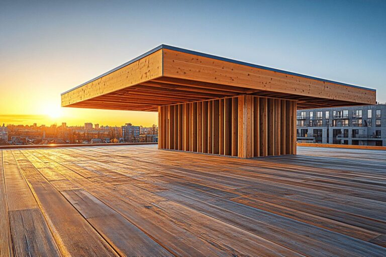 Structure architecturale en bois sur terrasse au coucher du soleil