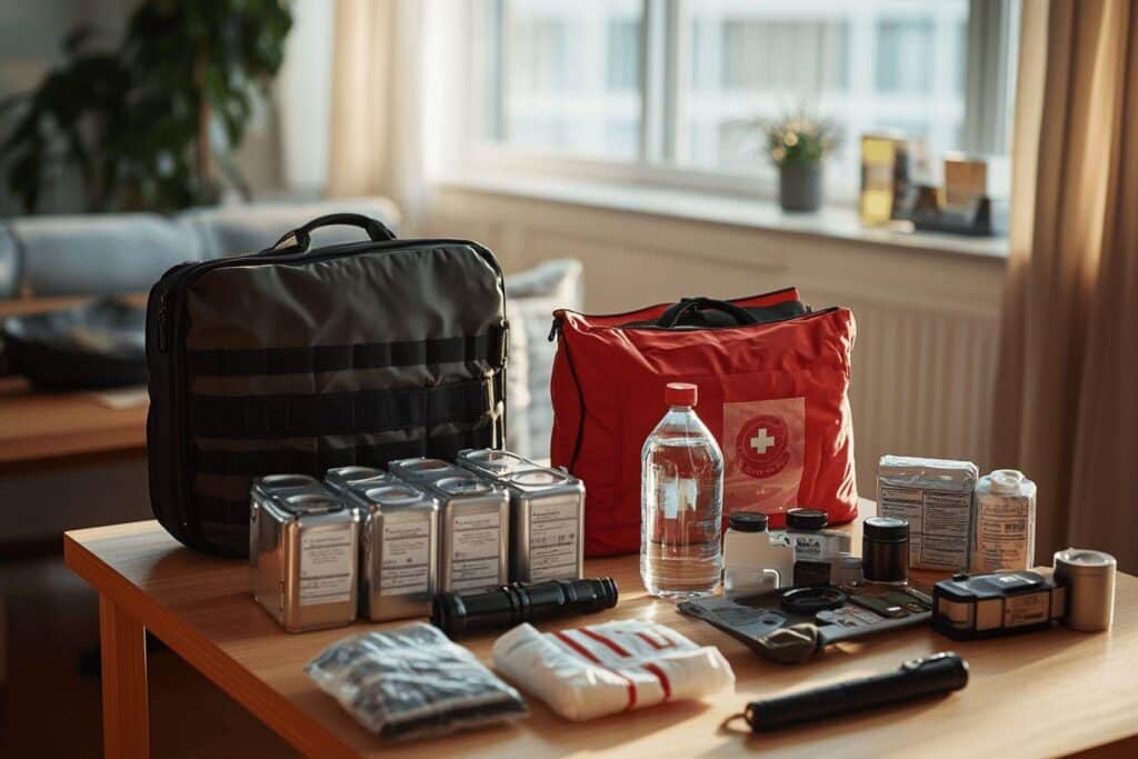 Équipement de survie et de secours sur une table en bois