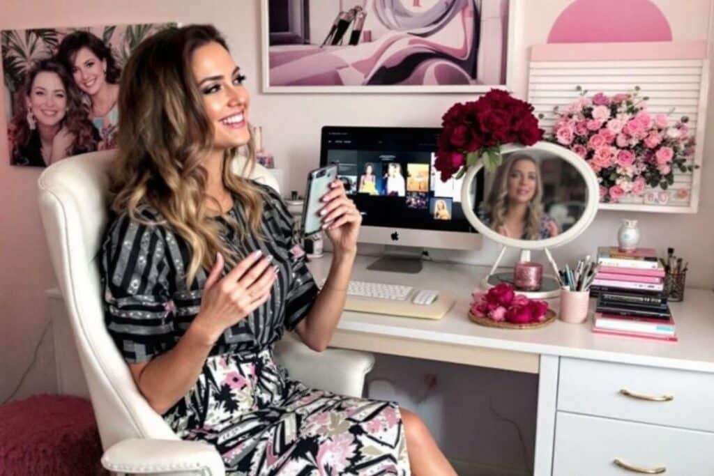 Femme souriante à son bureau avec ordinateur et fleurs roses