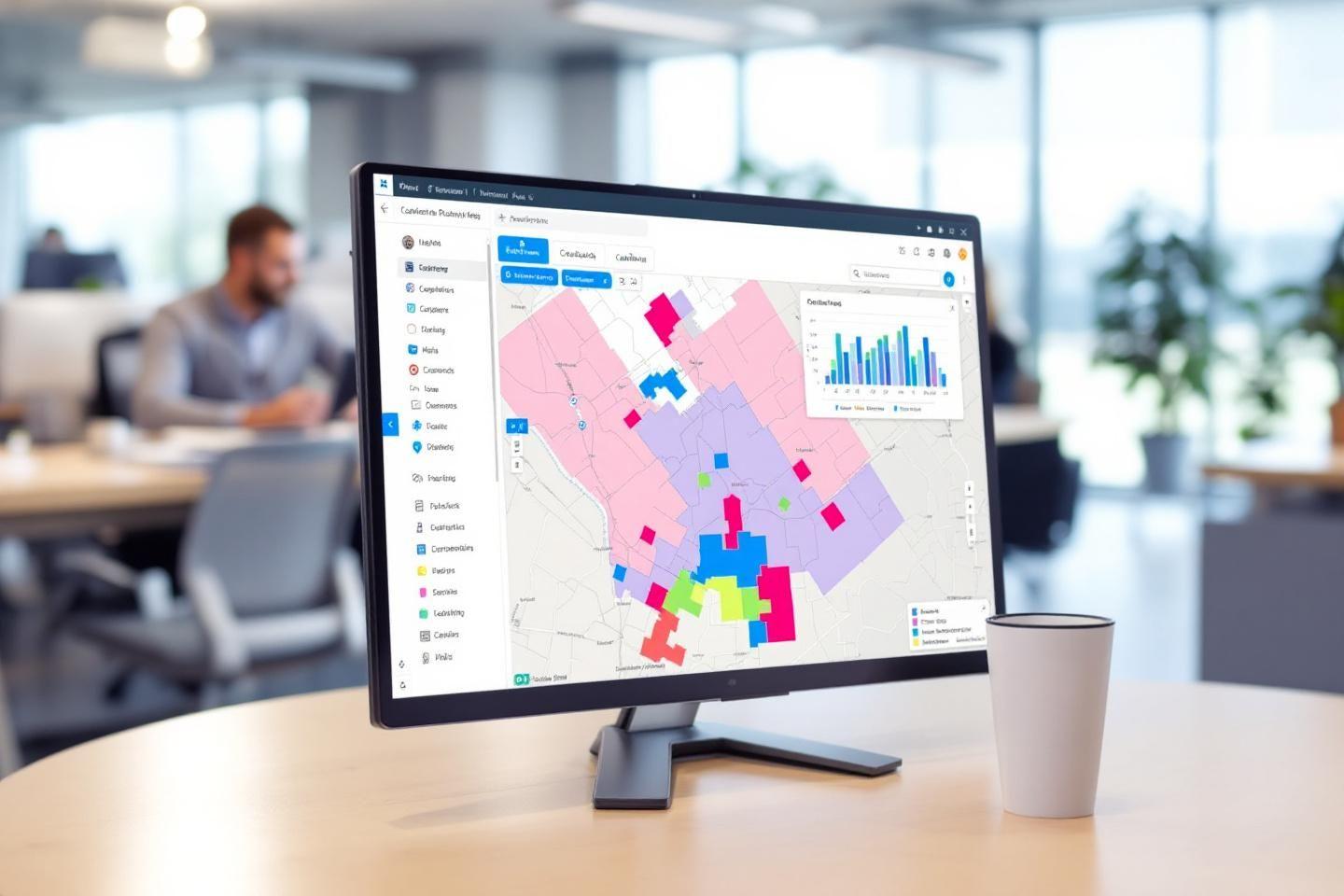 Carte colorée avec graphiques sur écran dans un bureau moderne