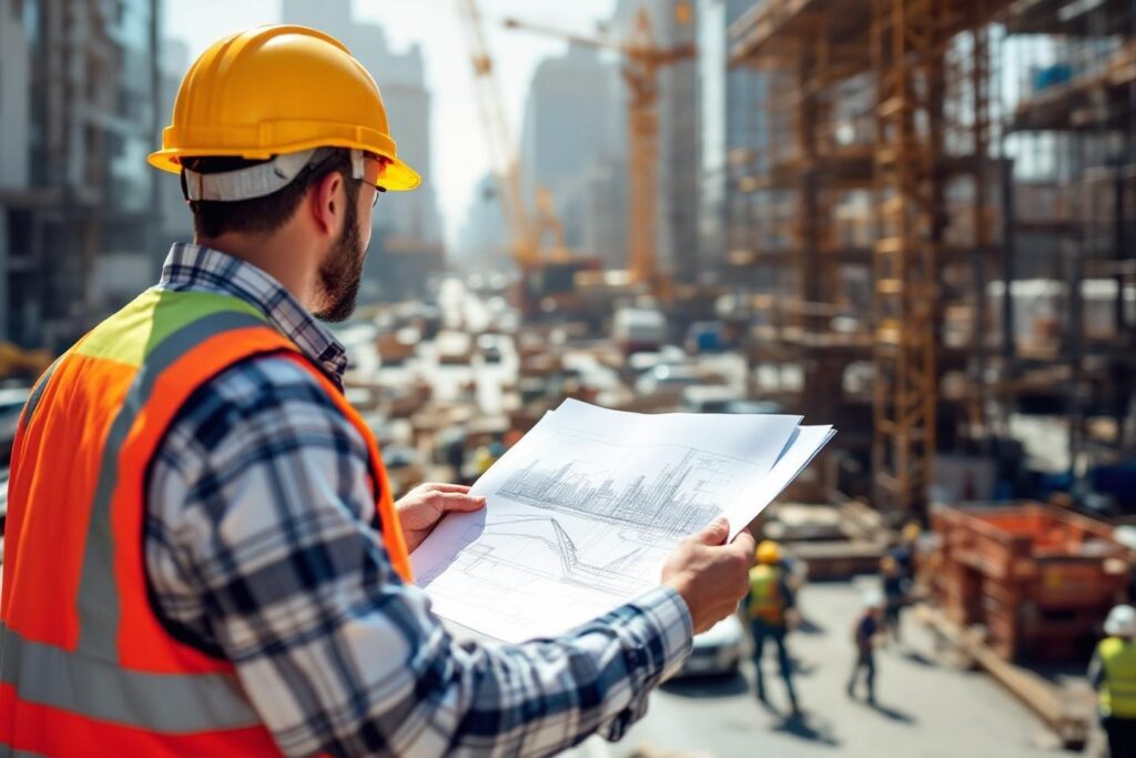 Ouvrier en gilet orange vérifiant des plans sur un site