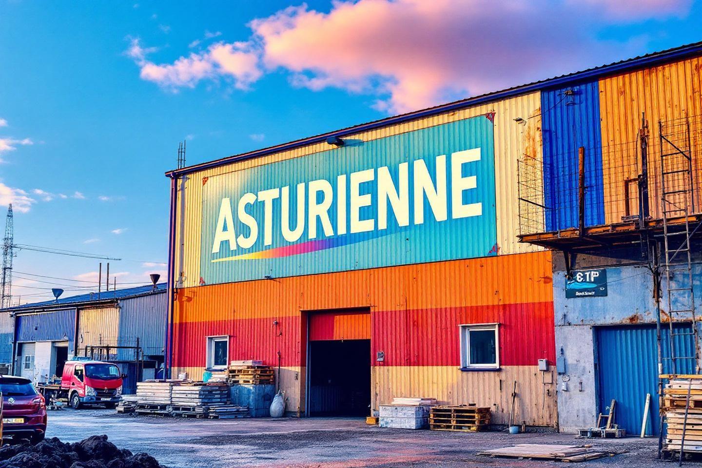 Entrepôt aux couleurs vives avec logo Asturienne et palettes