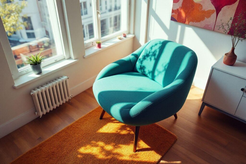 Fauteuil arrondi bleu-vert sur tapis orange près des fenêtres