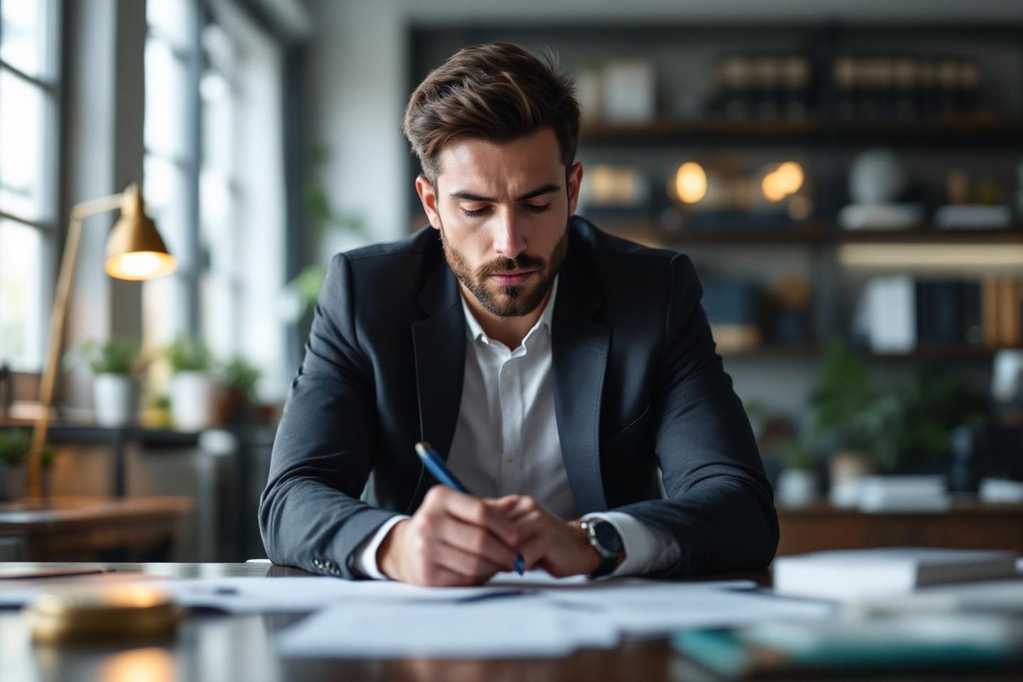Professionnel en costume écrivant attentivement dans un bureau moderne