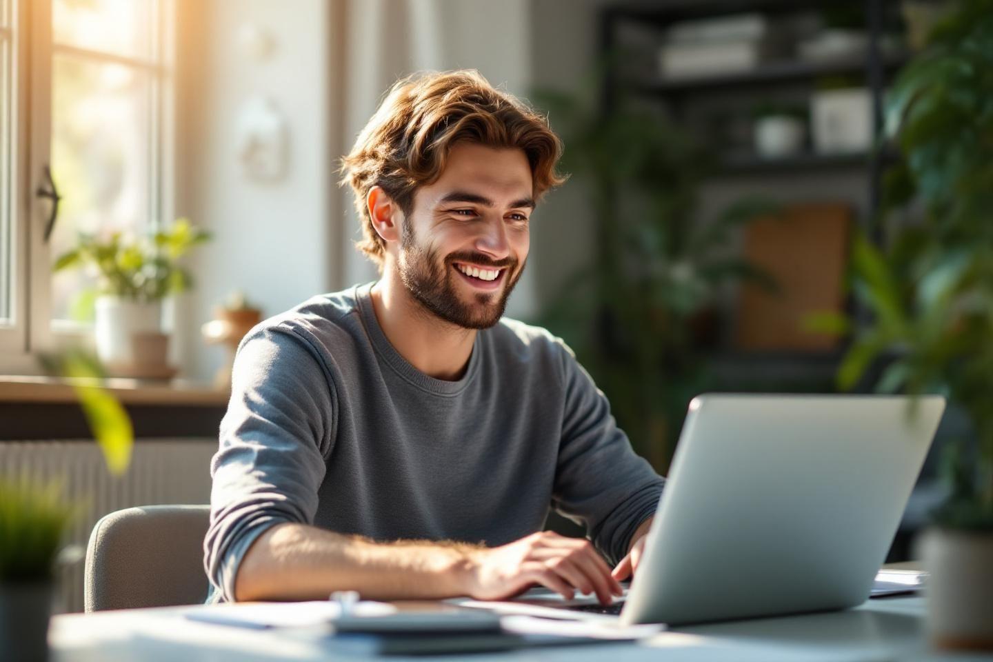 Un homme heureux travaille sur un ordinateur portable lumineux