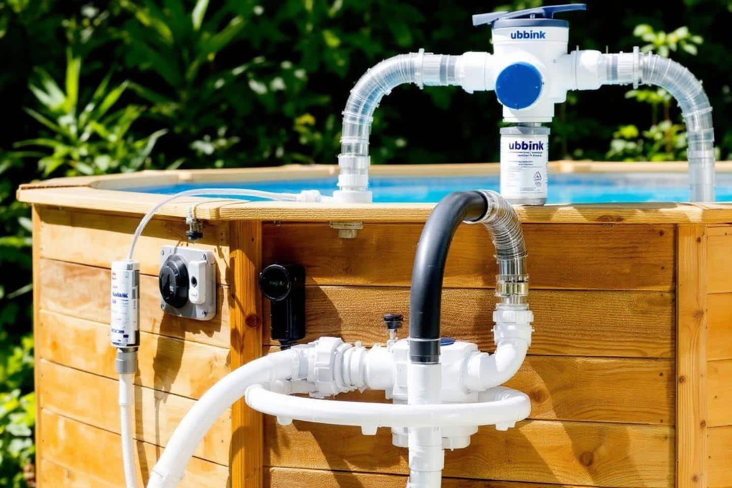 Tuyauterie blanche et grise de filtration sur caisson bois