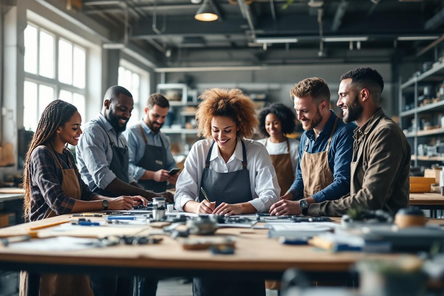 Groupe de travailleurs concentrés autour d'une table d'atelier