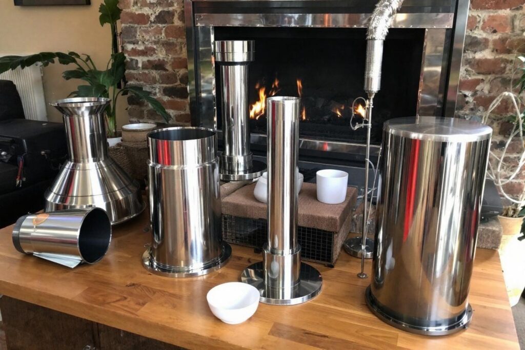 Plusieurs appareils métalliques de préparation de café sur table en bois