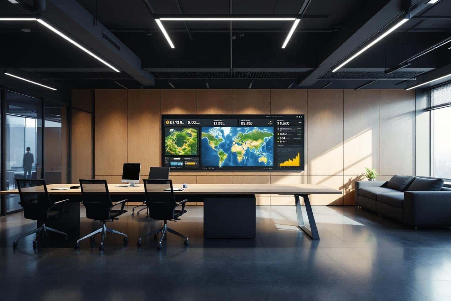 Espace de travail high-tech avec écrans de cartes mondiales et mobilier design