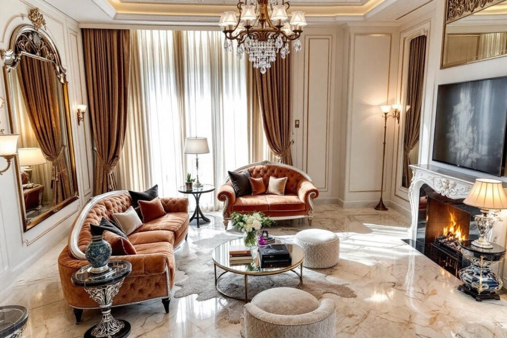 Intérieur raffiné avec canapés dorés, lustre et cheminée