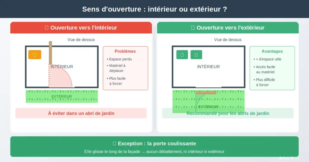 Comparaison visuelle du sens d'ouverture de porte : vers l'intérieur déconseillé versus vers l'extérieur recommandé