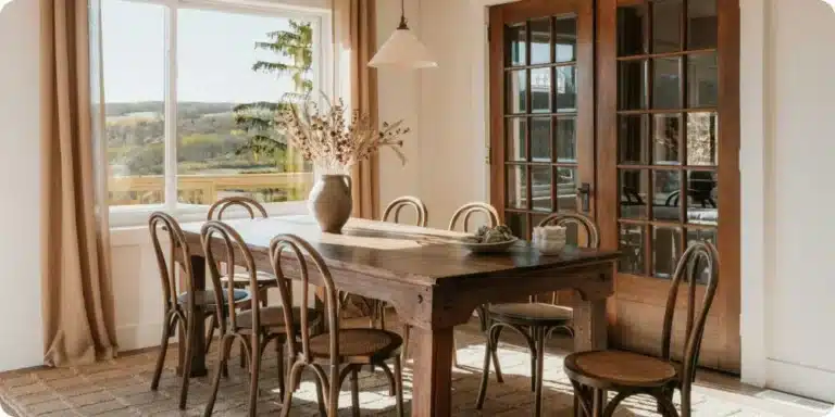 Table et chaises en bois massif dans une salle a manger au style sobre et intemporel