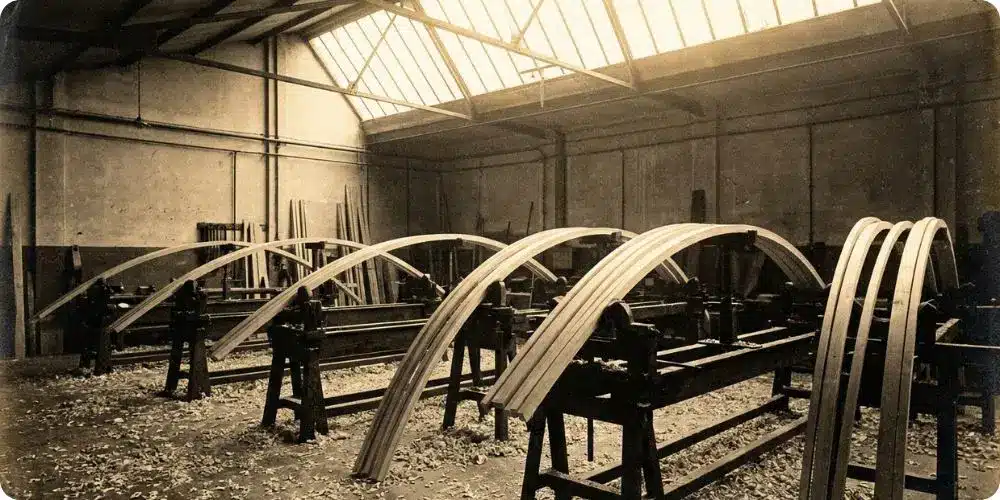 Atelier de cintrage du bois à la vapeur avec gabarits métalliques et barres de hêtre courbées