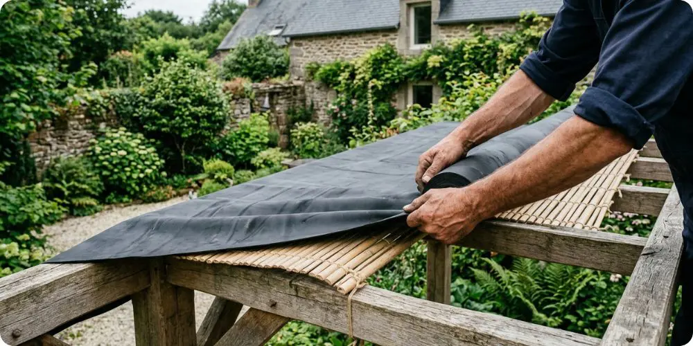 Bâche EPDM noire déroulée par-dessus canisse bambou sur pergola bois
