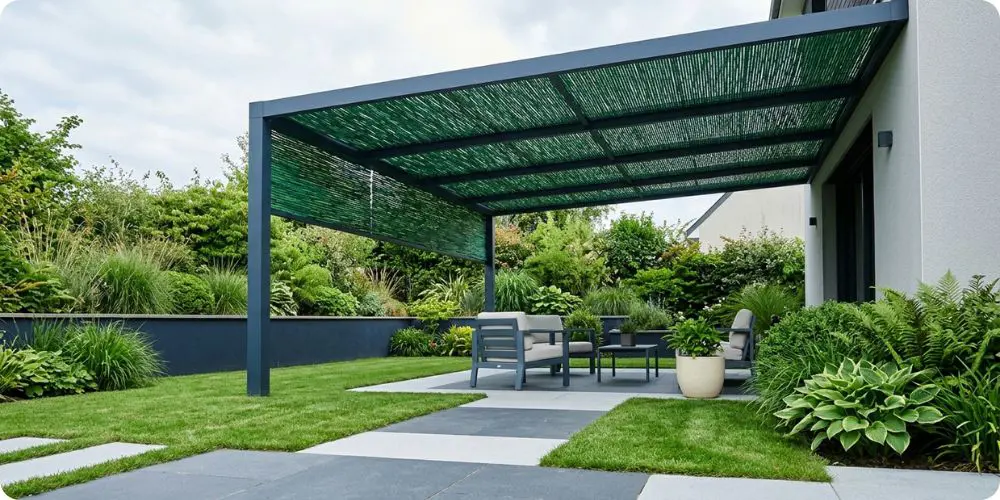 Canisse PVC dense verte installée sur pergola aluminium moderne