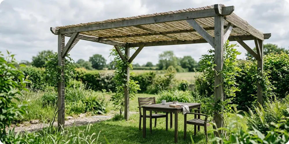 Canisse en bambou posée sur pergola bois dans un jardin ensoleillé