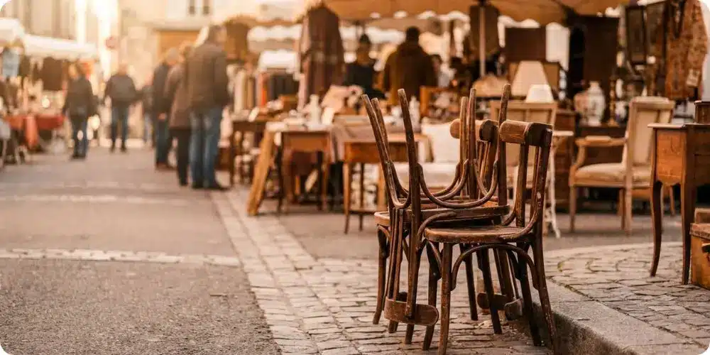 Lot de chaises bistrot en bois courbé à la brocante, lumière matinale