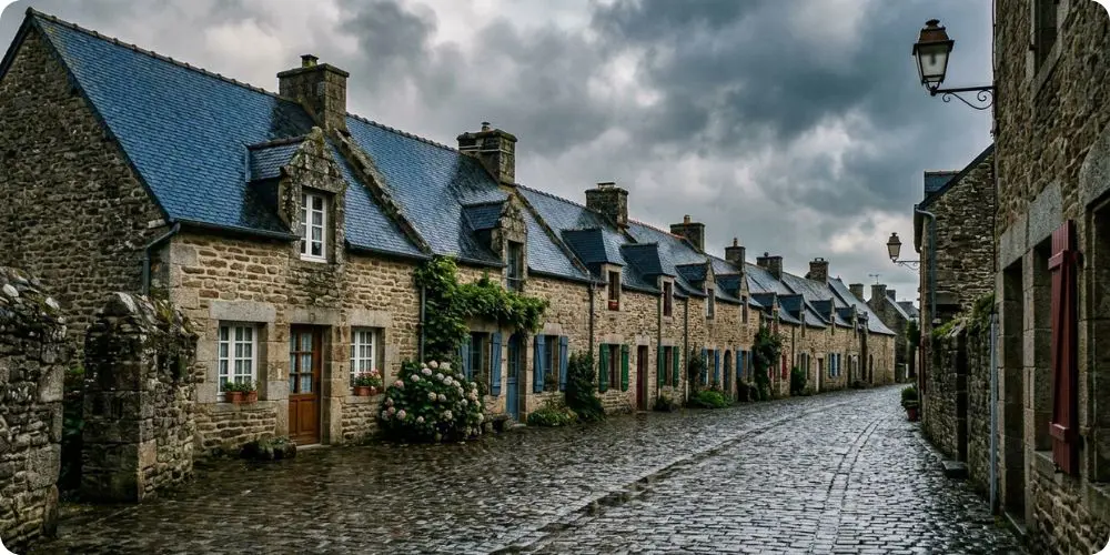 village breton maisons pierre toitures ardoise ciel nuageux ambiance atlantique