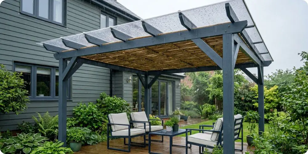Plaques polycarbonate transparentes au-dessus d'une canisse sur pergola