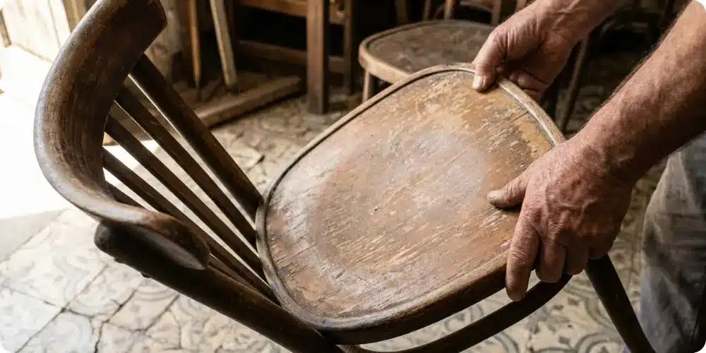 Mains d'artisan vérifiant le dessous d'une chaise bistrot ancienne en bois courbé