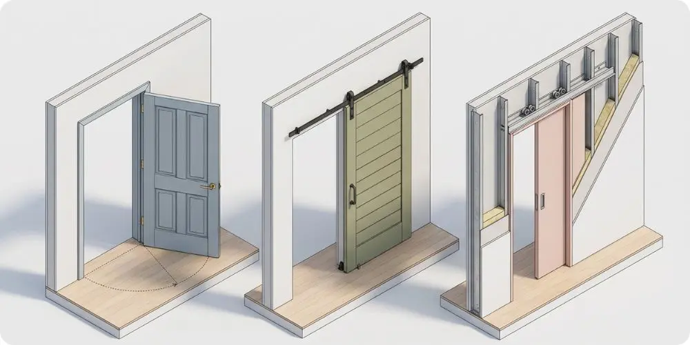 Comparatif visuel entre une porte battante, une coulissante en applique et une porte a galandage encastree dans la cloison