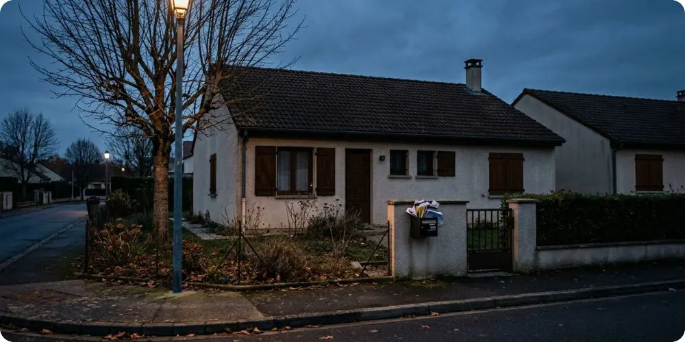 Maison francaise avec volets fermes au crepuscule, periode propice aux cambriolages