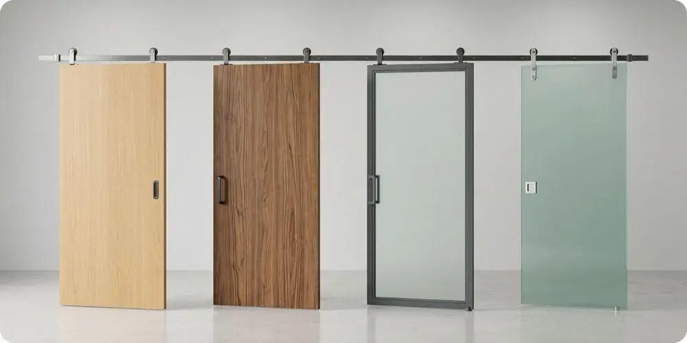 Quatre materiaux de porte a galandage pour salle de bain : bois isoplane, bois hydrofuge, aluminium et verre depoli