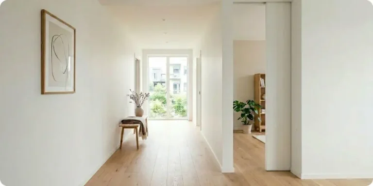 Porte a galandage entrouverte dans un couloir d'appartement renove, murs blancs et parquet chene clair