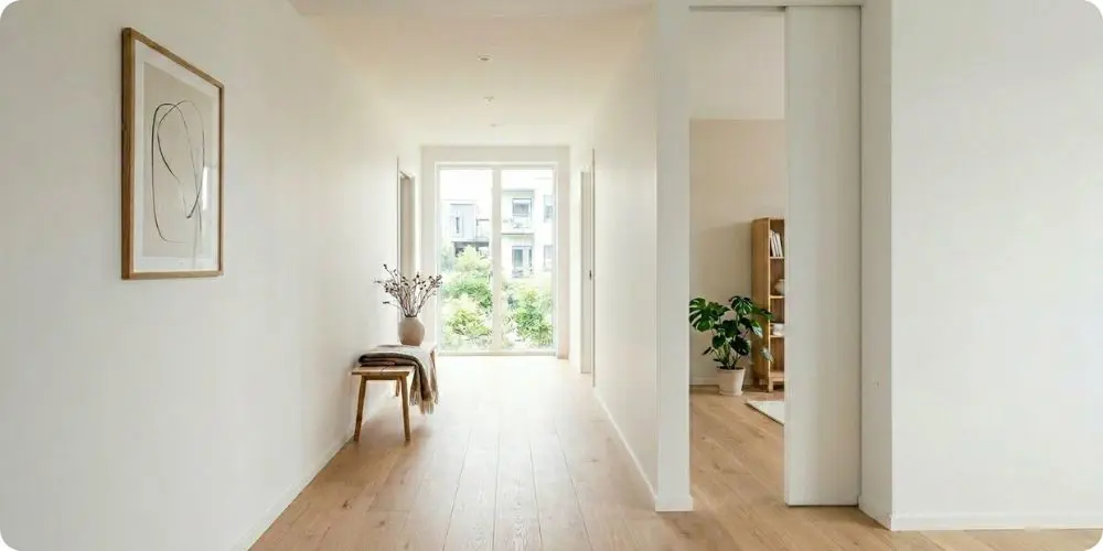 Porte a galandage entrouverte dans un couloir d'appartement renove, murs blancs et parquet chene clair