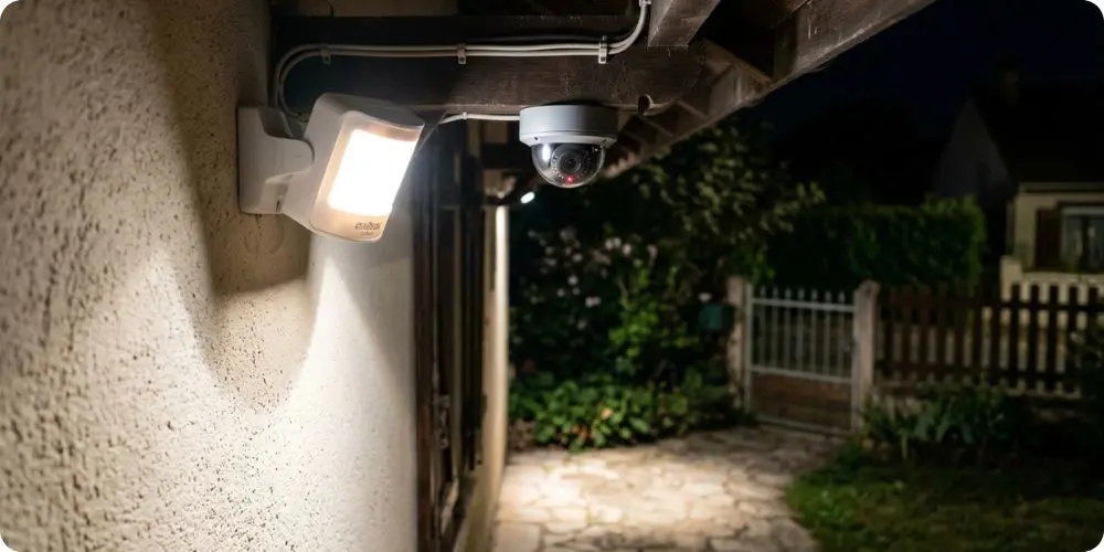 Detecteur de mouvement et eclairage de securite installes en facade d'une maison