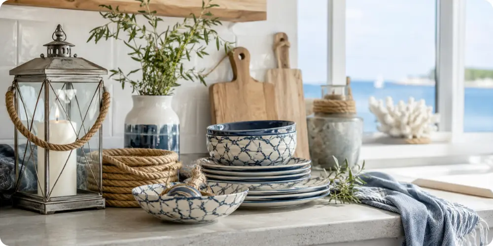 Accessoires de décoration cuisine bord de mer : lanterne, vaisselle motif filet et cordages