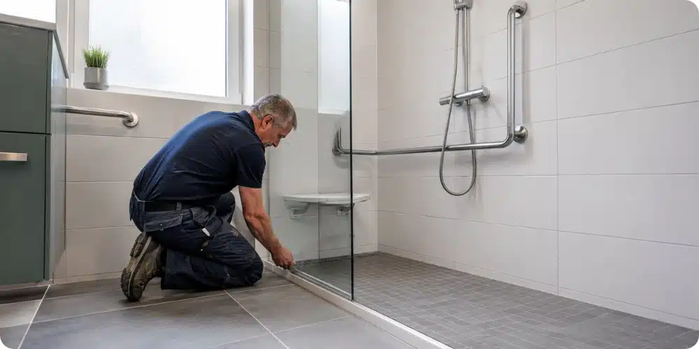 Artisan posant une douche italienne sécurisée dans une salle de bain pour personne âgée
