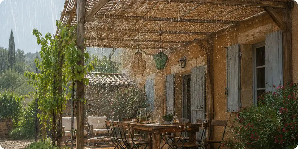 Canisse bambou laissant passer la pluie battante sur pergola bois