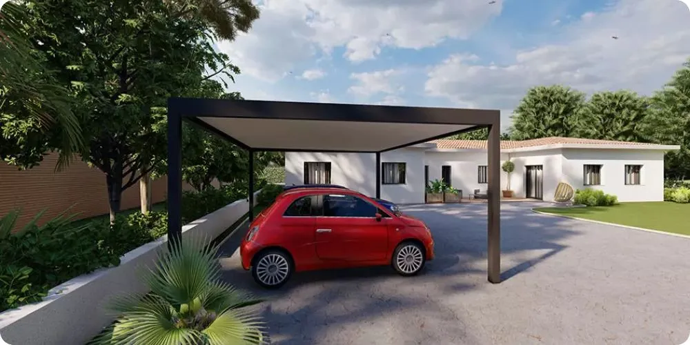 Carport aluminium deux voitures adosse a une maison moderne avec vehicules gares