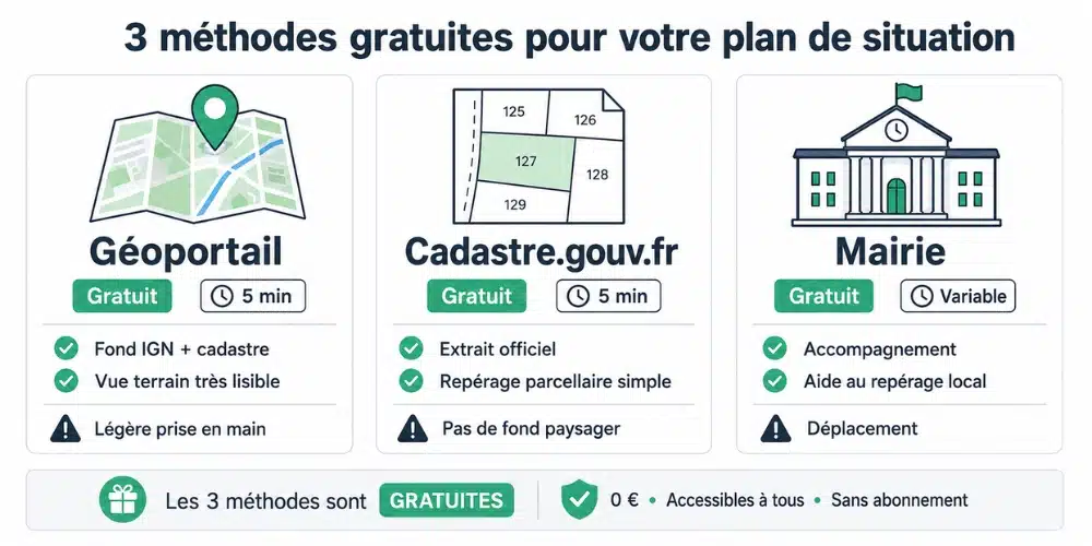 Comparatif des trois méthodes gratuites pour obtenir un plan de situation du terrain