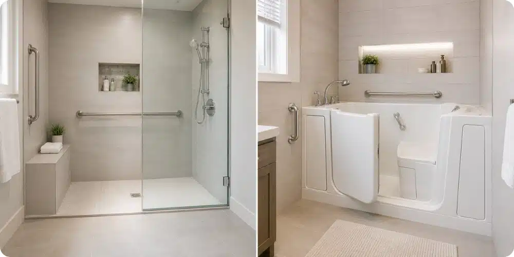 Comparatif douche italienne et baignoire à porte pour rénovation salle de bain senior