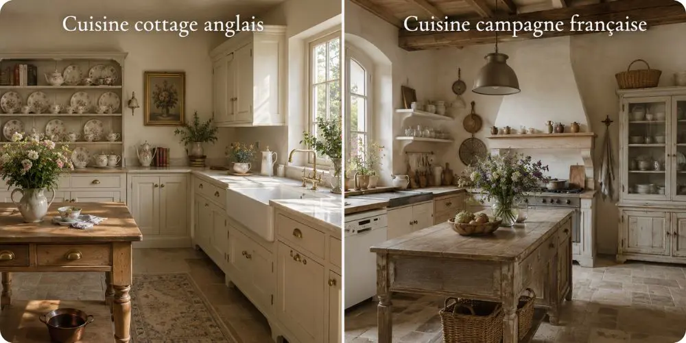 Comparatif visuel cuisine cottage anglais et cuisine campagne française en décoration