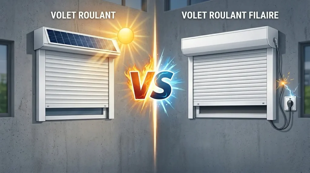 Comparatif visuel volet roulant solaire et volet roulant électrique filaire côte à côte 