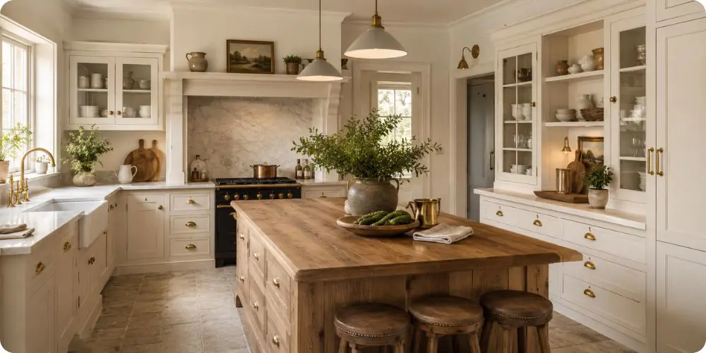Cuisine cottage anglais avec façades à cadres crème, îlot bois massif et accessoires laiton brossé