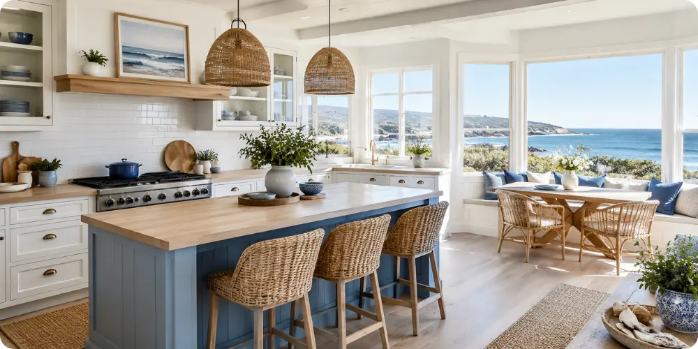 Cuisine ouverte d'esprit bord de mer baignée de lumière naturelle, palette bleu blanc et bois clair