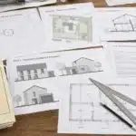 Dossier de permis de construire avec plans PCMI étalés sur une table de travail