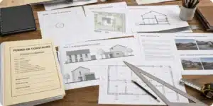 Dossier de permis de construire avec plans PCMI étalés sur une table de travail