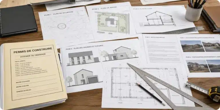 Dossier de permis de construire avec plans PCMI étalés sur une table de travail