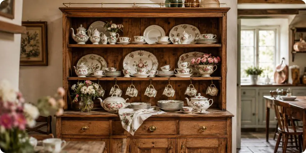 Dresser cottage anglais en bois massif avec vaisselle vintage exposée et détails laiton